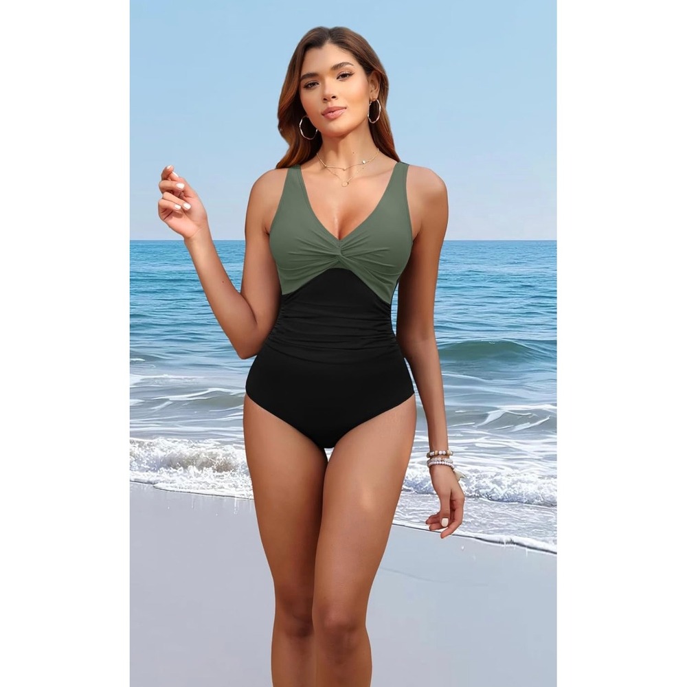 Holipick Women Tummy Control One Piece Swimsuit Twist Front Green Black XXL‎ NEW